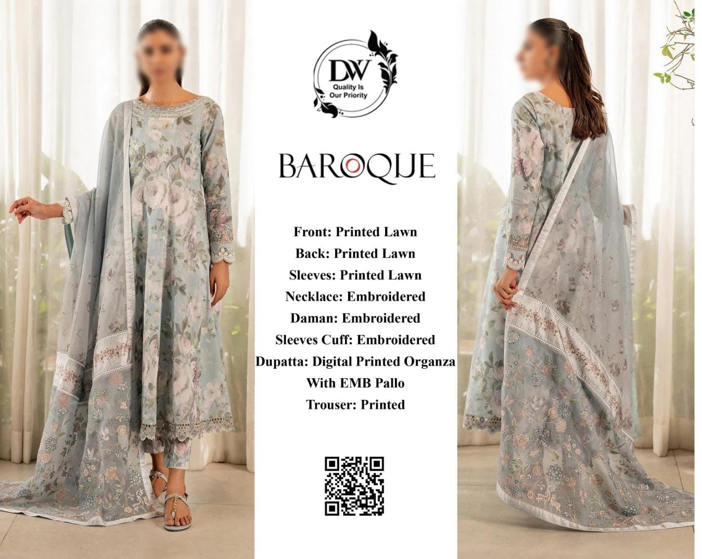 BAROUQE FANCY PALLU EMB  🔥Most Demanding 3pc 🔥  🍃LAWN 3PEC 🍃